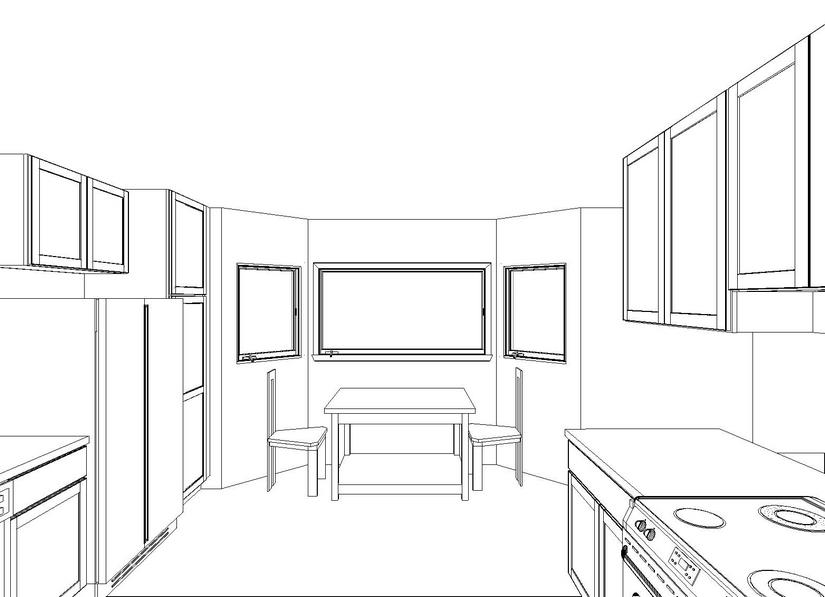 Drawing of seating area by the picture bay window before the remodel.