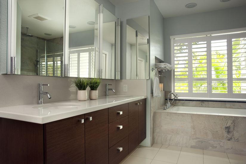 Floating cabinets, one of the most notable features for the bathroom remodel.
