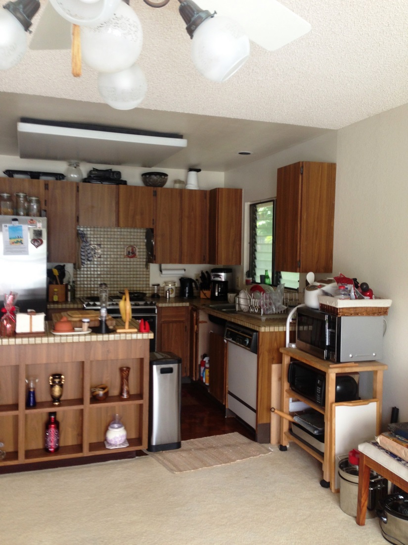 Old cabinets, stove top, refrigerator and other appliances.