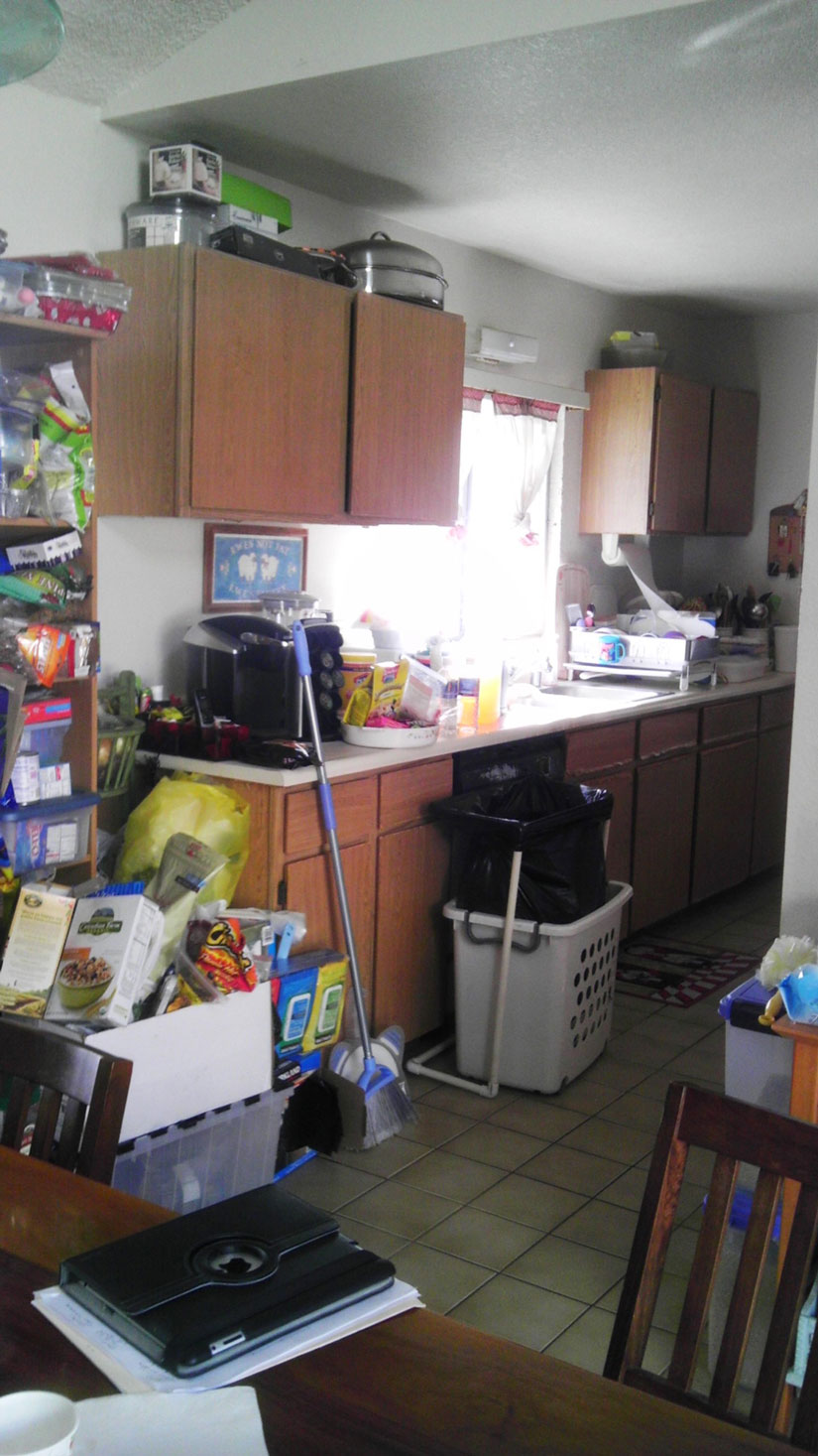 “Before” photo of the sink-side of the kitchen.