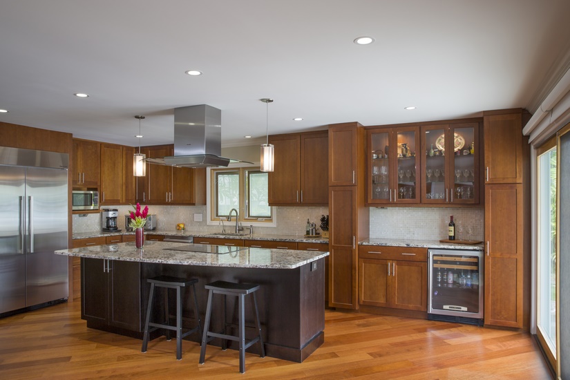 New kitchen with Shaker-style cabinets from Diamond, Thermador appliances and U-Line beverage center.